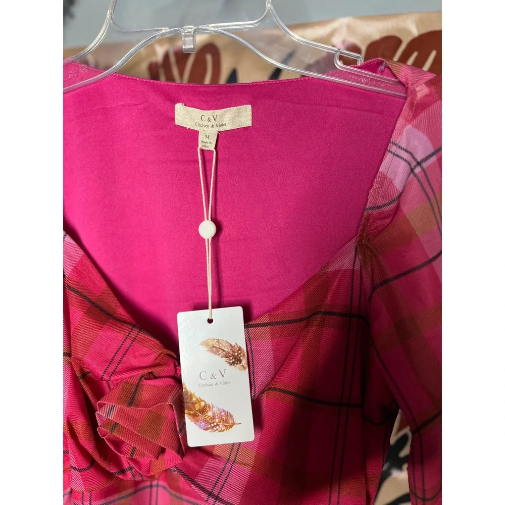 Chelsea & Violet Pink Plaid Ruched Bodycon Dress Rosette Long Sleeve Size M NEW - Picture 4 of 4